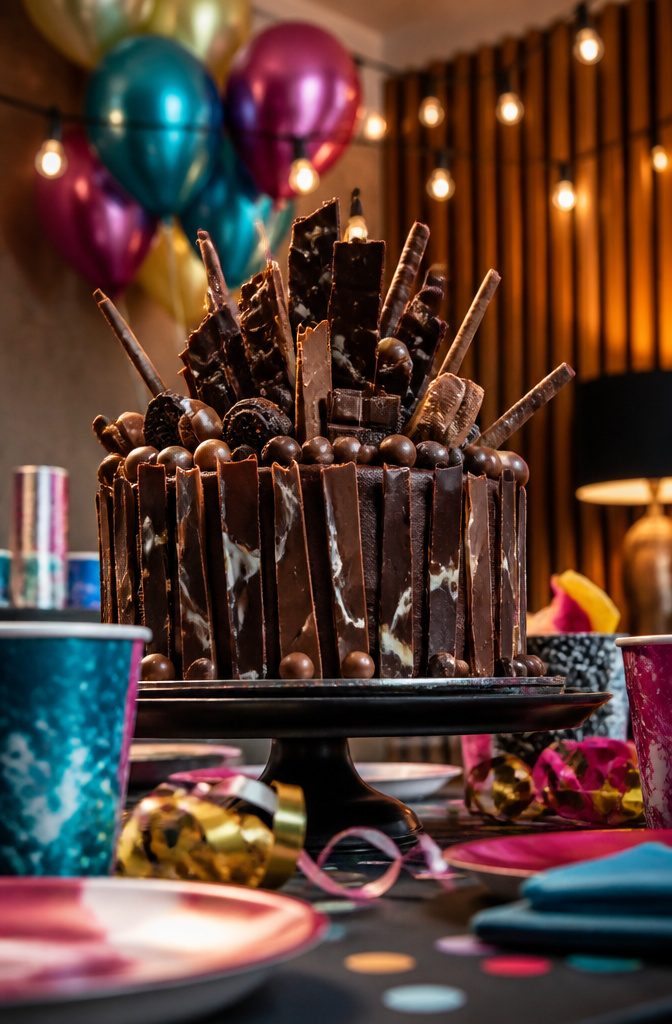A cake decorated with chocolate shards and assorted candies spilling over.