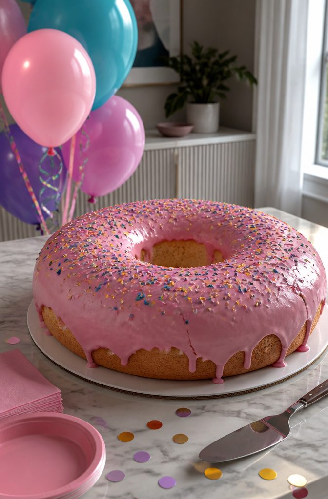 A Bundt cake shaped like a donut, covered in pink icing and sprinkles.