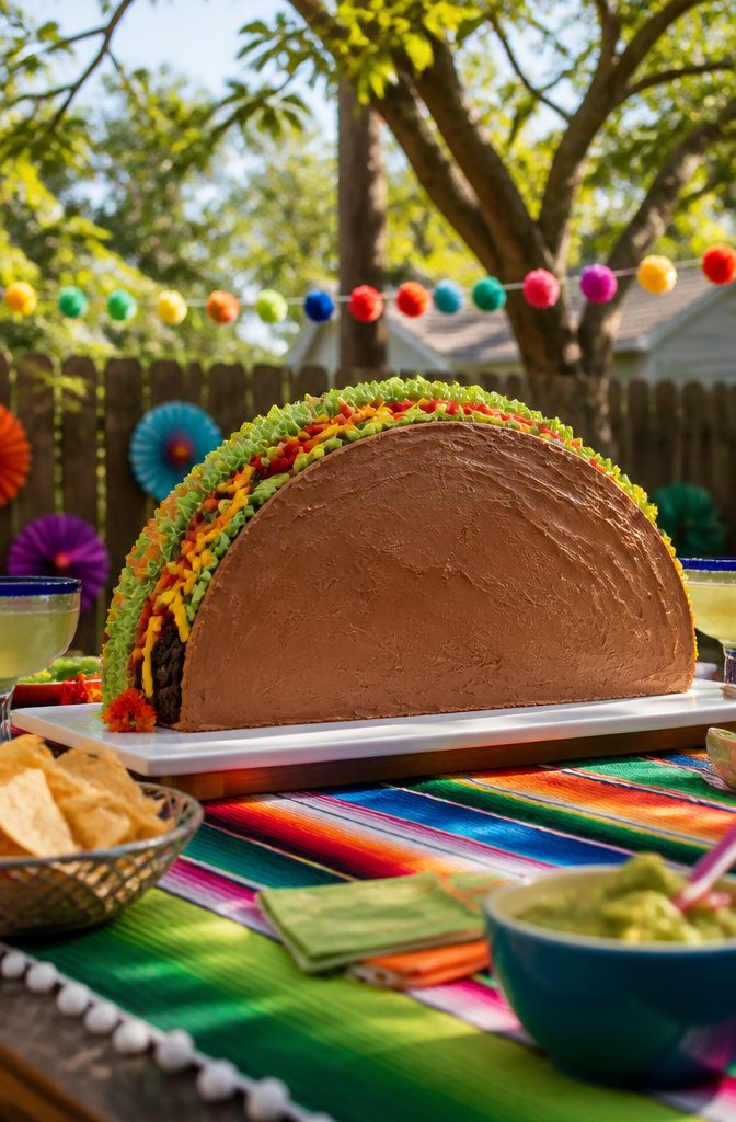 A half-circle cake decorated to resemble a taco, with buttercream toppings.