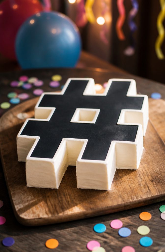 A hashtag-shaped pound cake decorated with contrasting icing.
