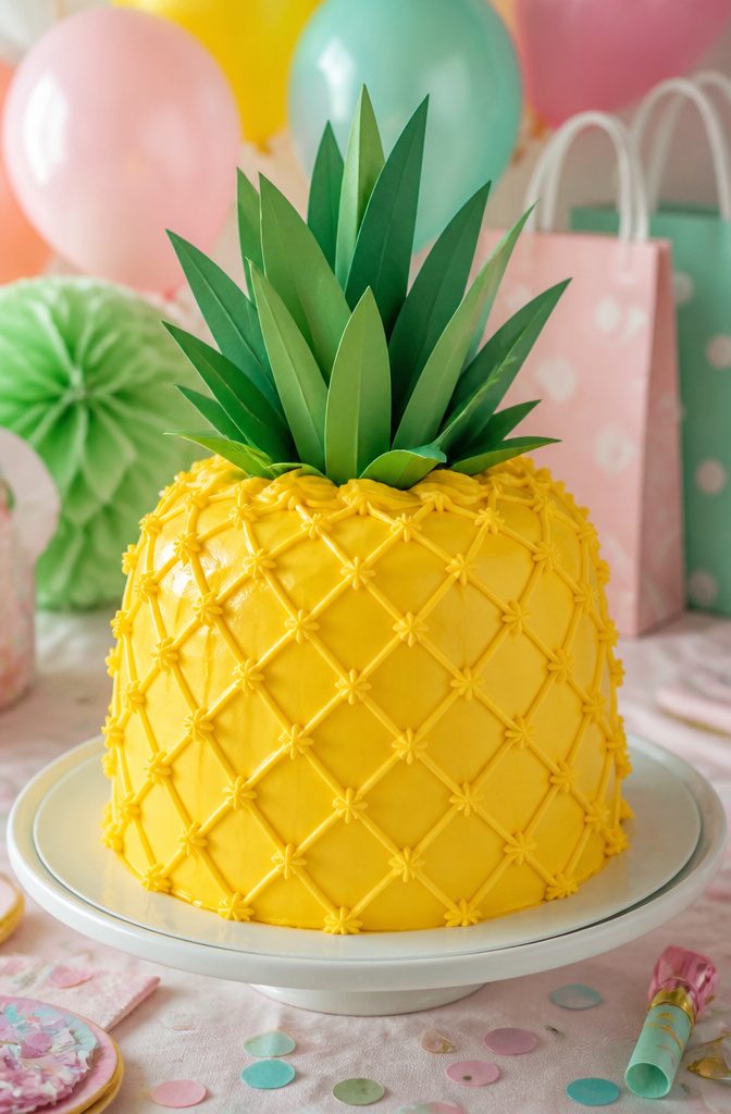 A round cake resembling a pineapple with fondant eyes and leaves.