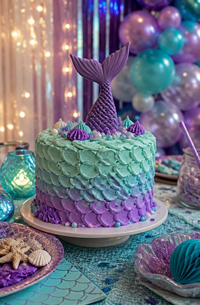 A cake featuring teal and purple frosting, designed with a mermaid tail.