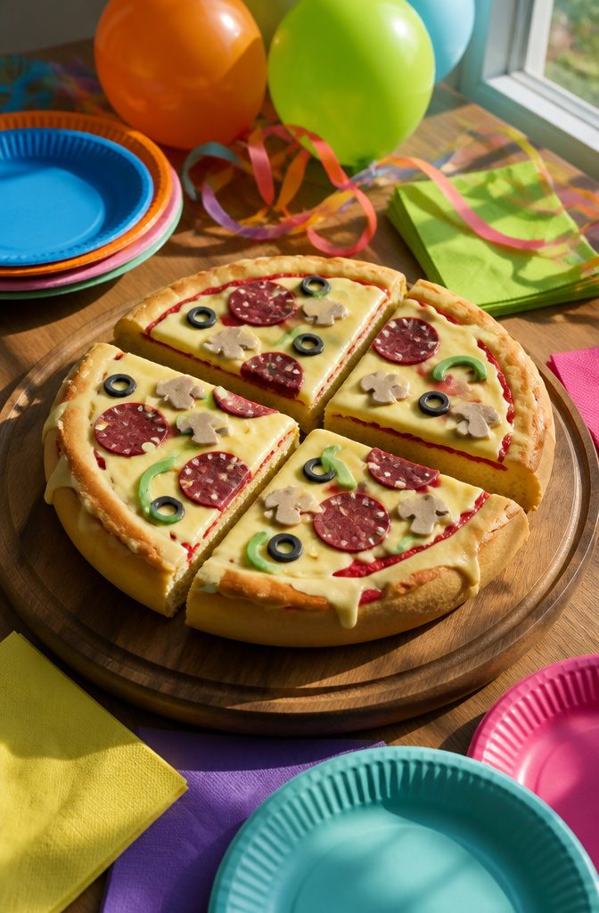 A cake shaped like a pizza, with jam and fondant decorations.