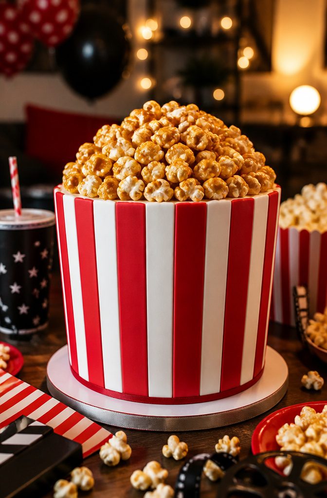 A tall cake wrapped in red-and-white striped paper, topped with popcorn.