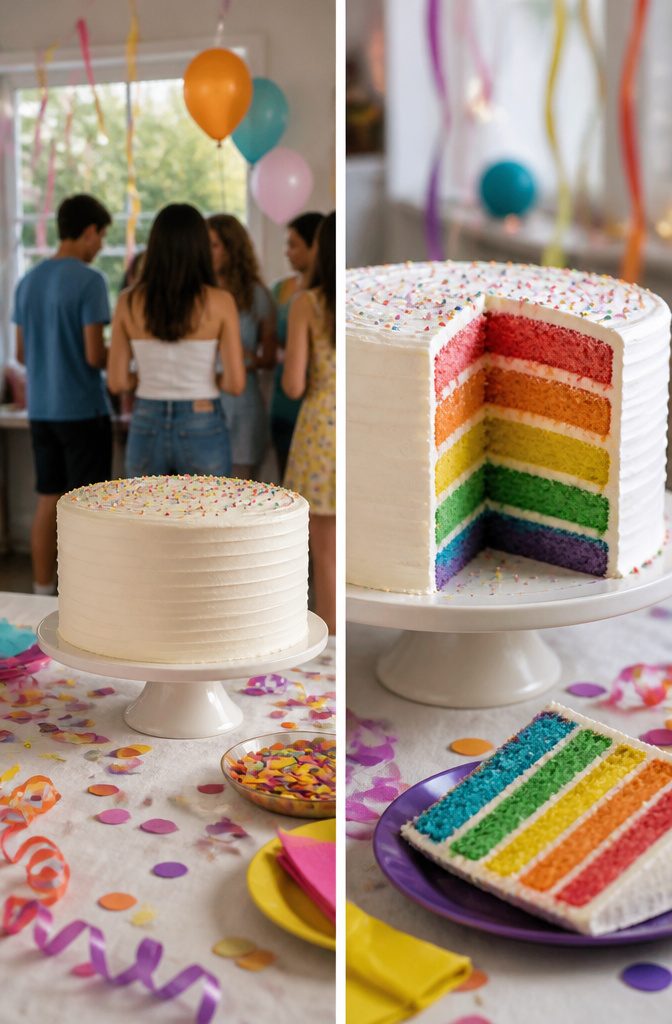 A tall cake with layers dyed in rainbow colors, frosted white outside.