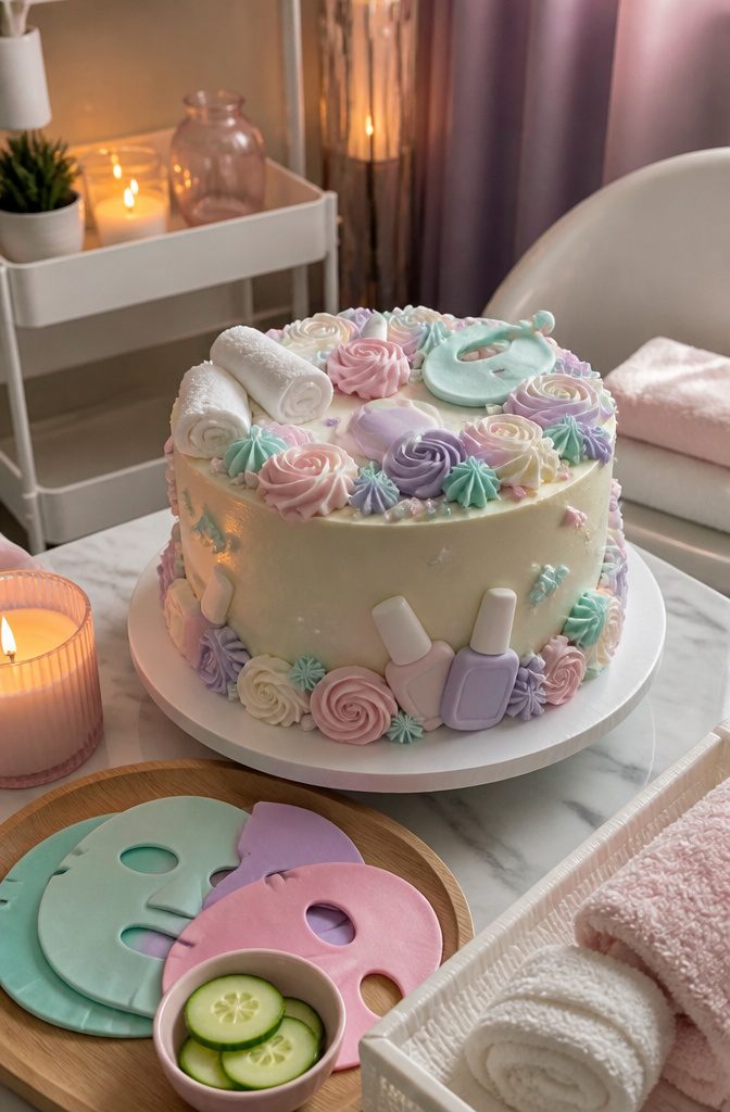 A cake with pastel hues and fondant nail polish bottles for a spa theme.
