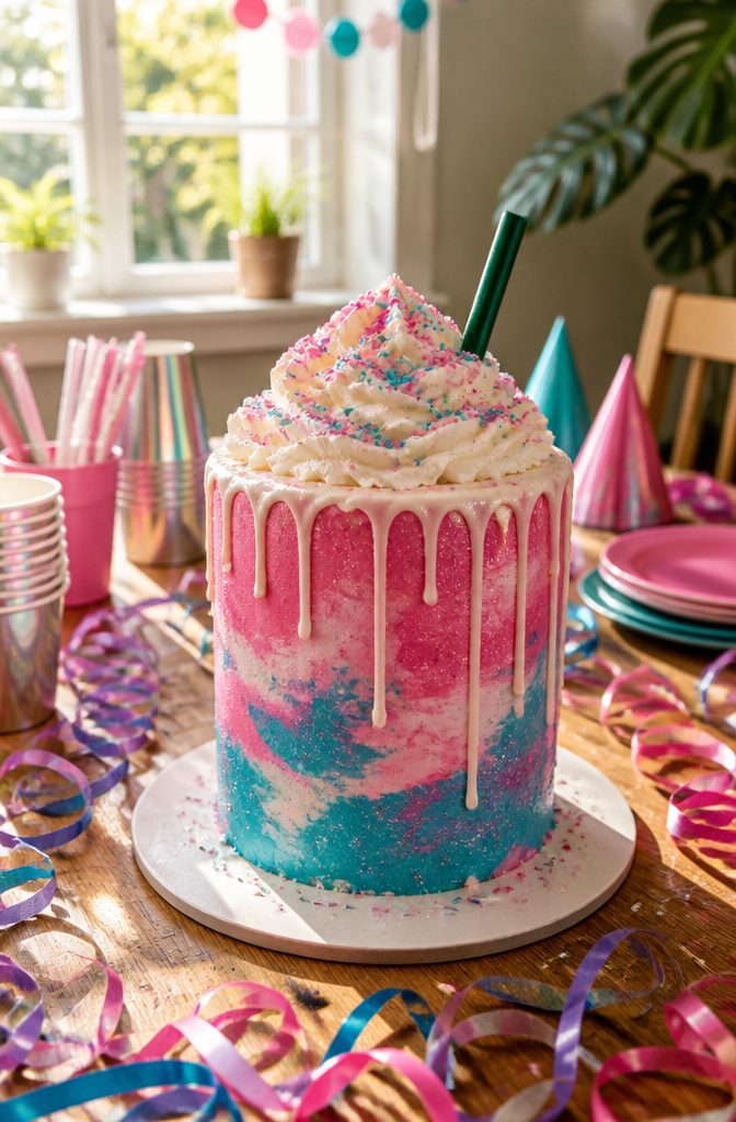 A cake decorated in bright pink and blue swirls, resembling a Unicorn Frappuccino.
