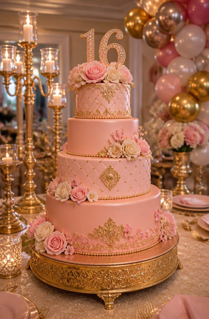 A tiered cake decorated in the birthday person's chosen color and style.