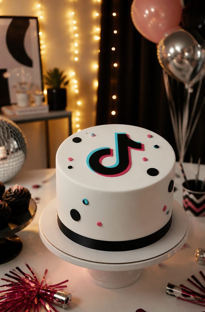 A cake decorated with the TikTok logo made from black fondant.