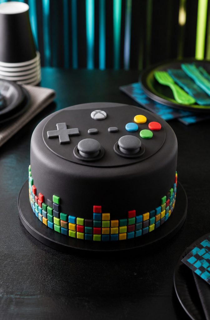 A rectangular cake iced in dark fondant, designed to resemble a game controller.