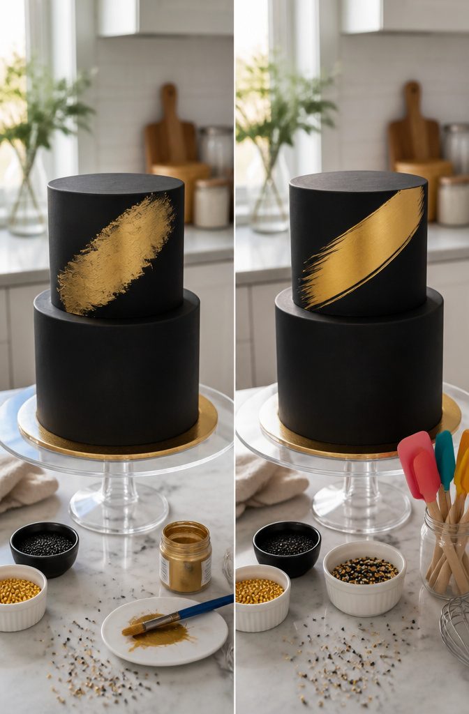 Black and Gold Cake: Recipe, Design Ideas and Contrast Methods 5 Various design styles for black and gold cakes with buttercream and fondant.
