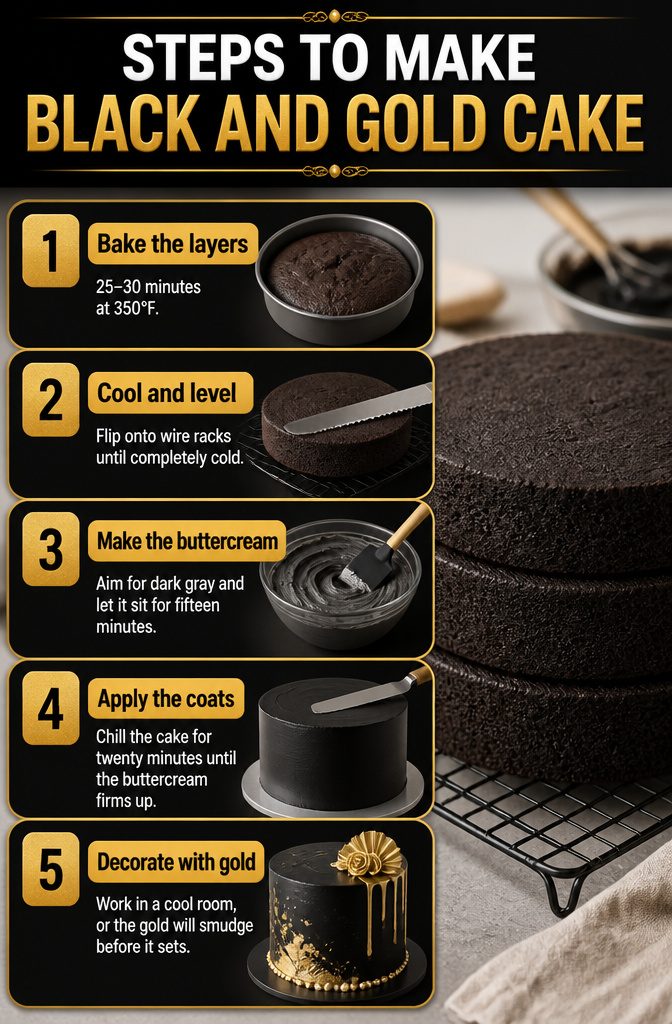 Black and Gold Cake: Recipe, Design Ideas and Contrast Methods 3 Step-by-step instructions for making a black and gold cake.