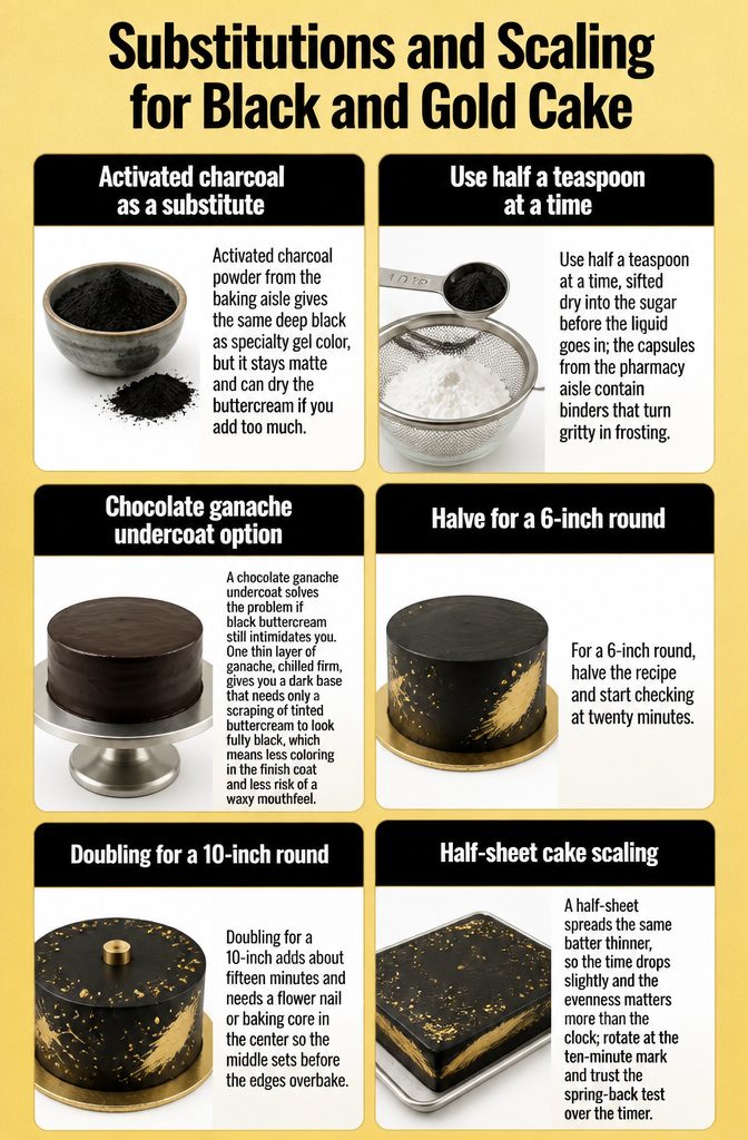Black and Gold Cake: Recipe, Design Ideas and Contrast Methods 8 Information on ingredient substitutions and scaling for black and gold cake.