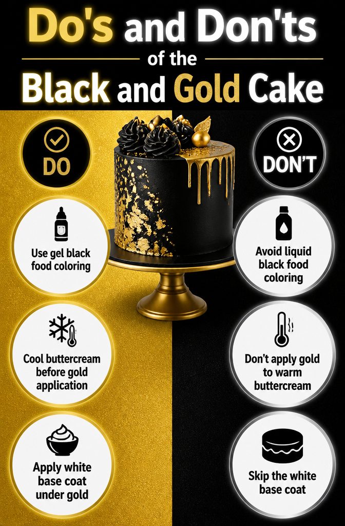 Black and Gold Cake: Recipe, Design Ideas and Contrast Methods 7 Do's and don'ts for achieving a polished black and gold cake design.