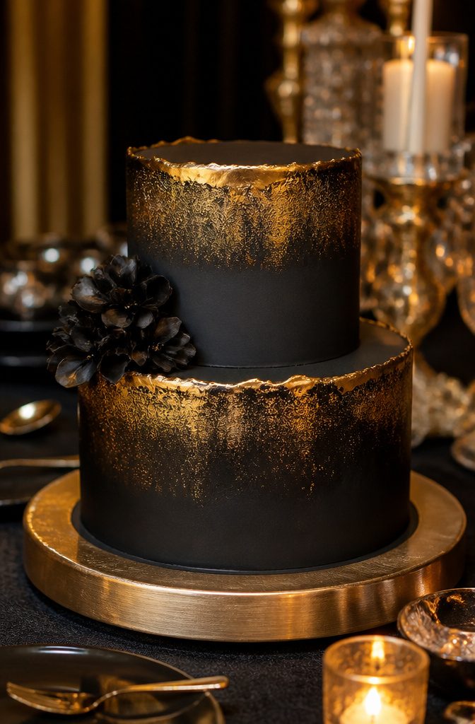 Black and Gold Cake: Recipe, Design Ideas and Contrast Methods 6 Close-up of a black and gold cake highlighting its contrast and textures.