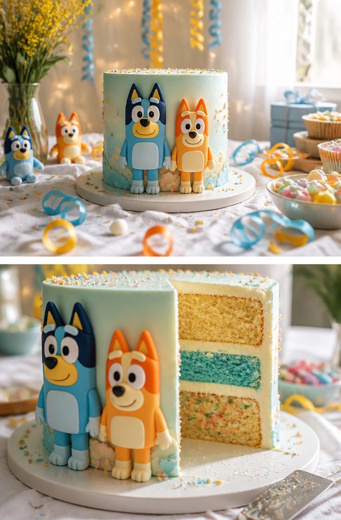 10 Bluey Cake Ideas For Kids' Birthdays 7 A cake with fondant figures of Bluey and Bingo on a flat surface.
