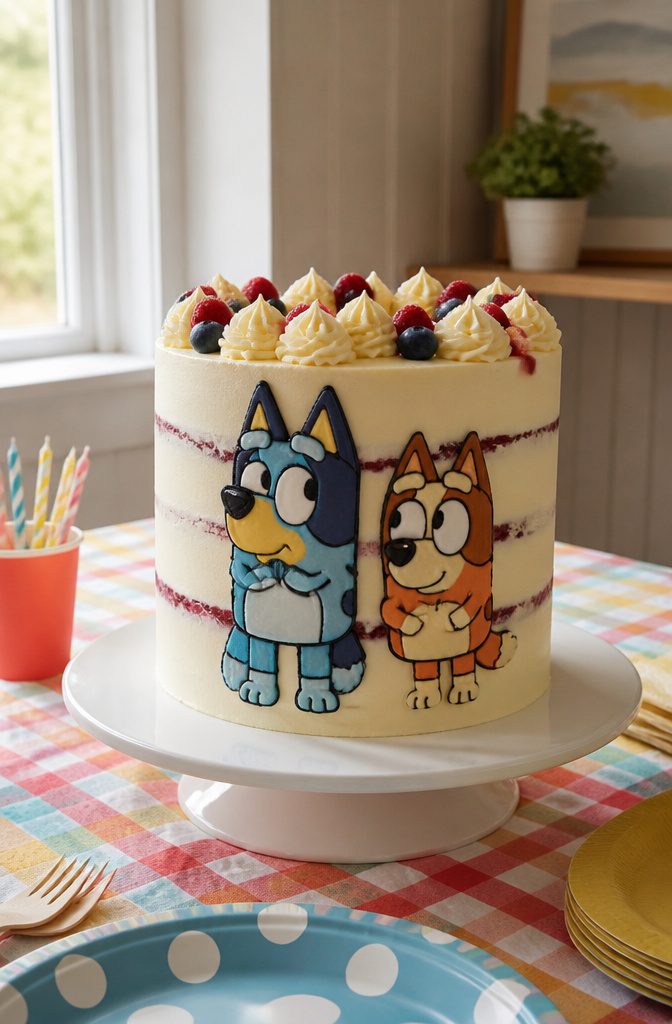 10 Bluey Cake Ideas For Kids' Birthdays 3 A Bluey buttercream cake with raspberry coulis and character decorations.