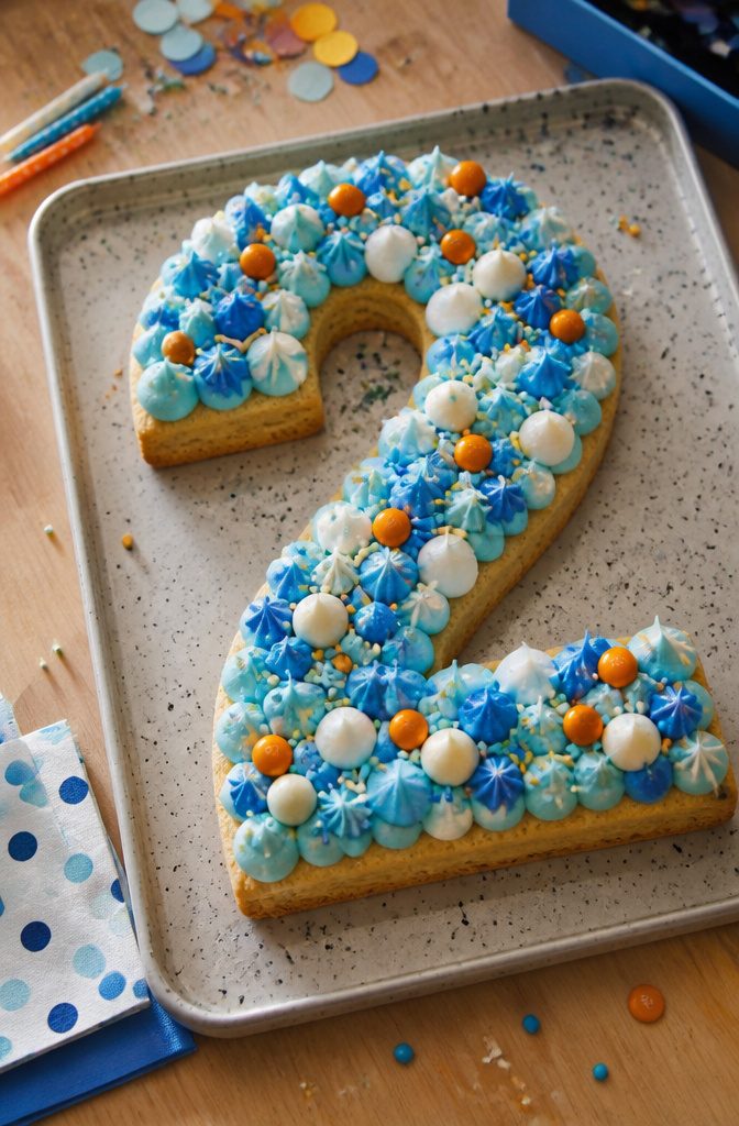 10 Bluey Cake Ideas For Kids' Birthdays 6 A sugar cookie cake in the shape of a number, adorned with bright candies.