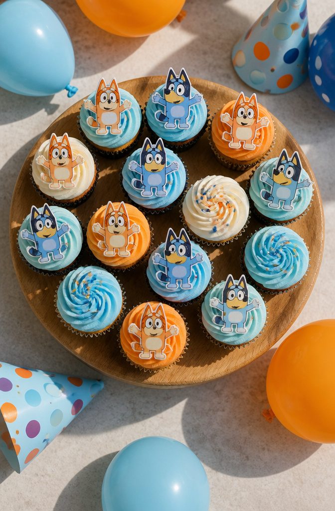 10 Bluey Cake Ideas For Kids' Birthdays 5 A tray of Bluey cupcakes, each with a unique Bluey face on top.