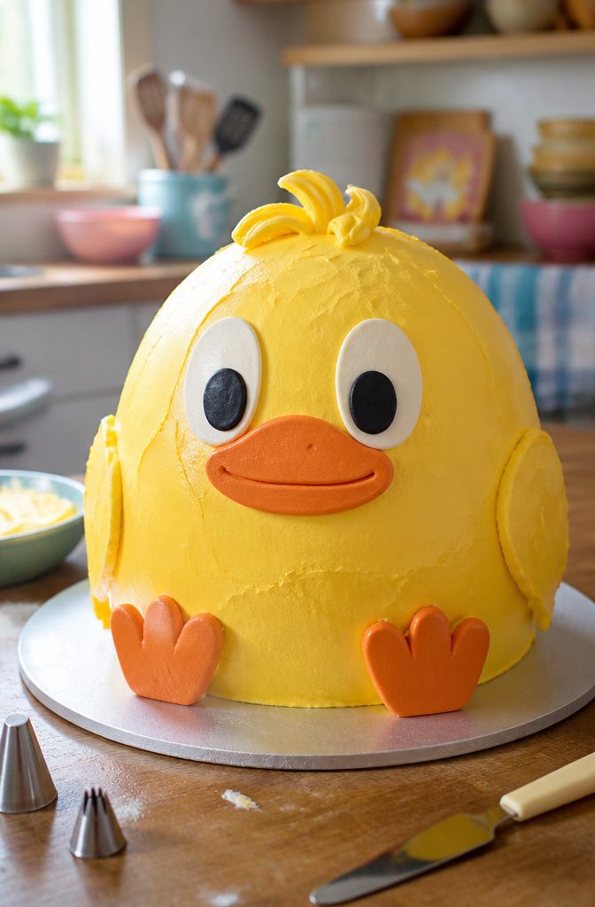 10 Bluey Cake Ideas For Kids' Birthdays 10 A yellow duck cake resembling the one from Bluey episode 'Duck Cake.'