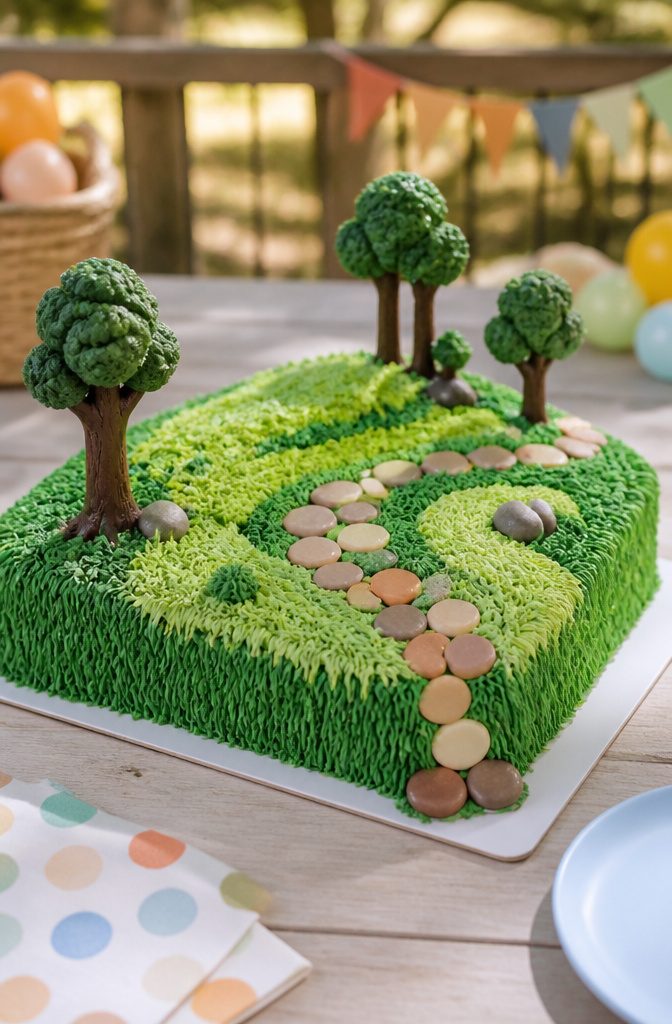 10 Bluey Cake Ideas For Kids' Birthdays 9 A cake with a grass design and fondant trees depicting Bluey's backyard.