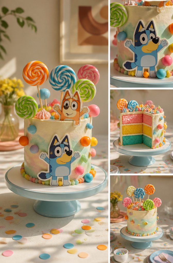 10 Bluey Cake Ideas For Kids' Birthdays 11 A cake decorated with lollipops, featuring colorful sticks and character cutouts.