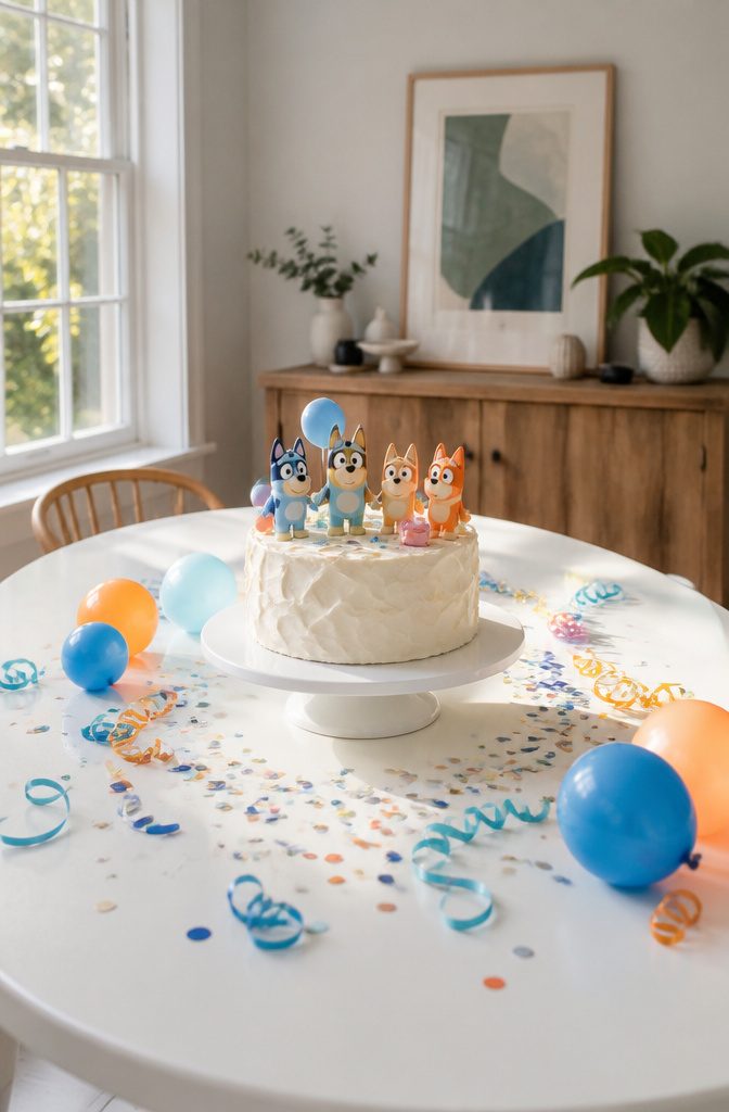 10 Bluey Cake Ideas For Kids' Birthdays 8 A cake decorated with Bluey toy figures placed on top.