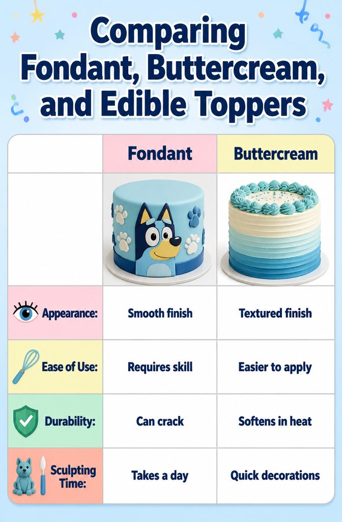10 Bluey Cake Ideas For Kids' Birthdays 12 An image comparing fondant, buttercream, and edible toppers for cakes.