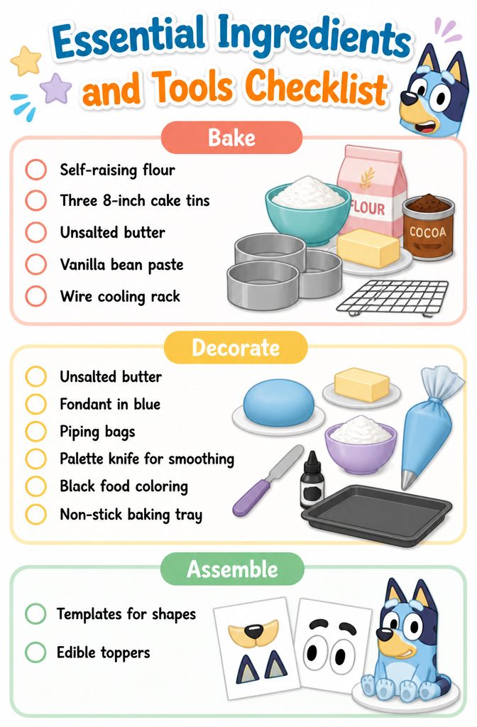 10 Bluey Cake Ideas For Kids' Birthdays 13 An ingredients and tools checklist for baking Bluey-themed cakes.