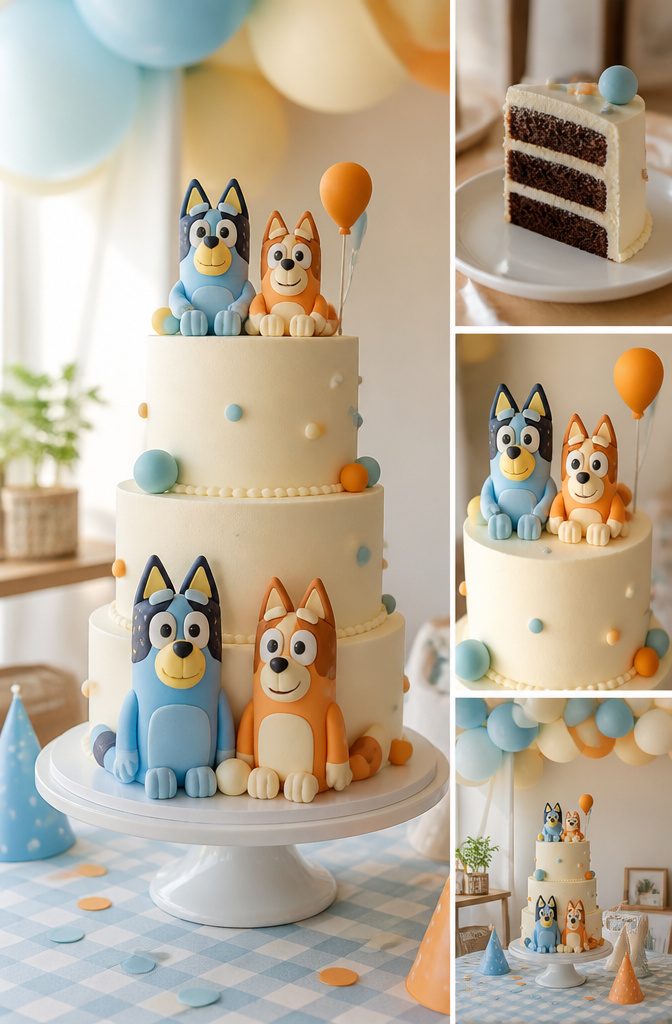 10 Bluey Cake Ideas For Kids' Birthdays 2 A multi-tiered Bluey cake featuring characters from the show.
