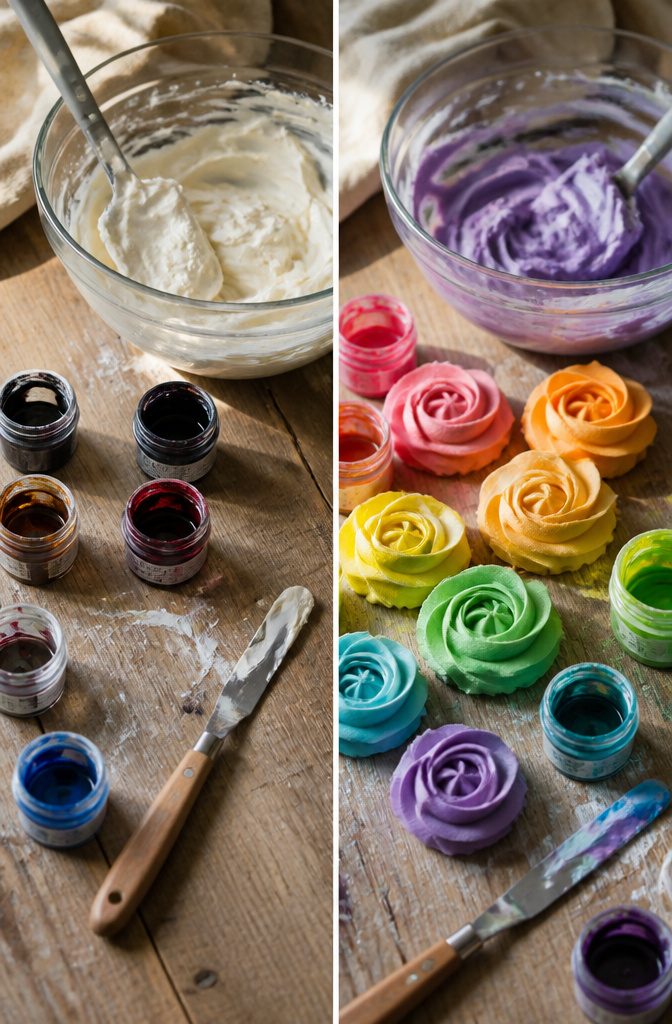 Buttercream Cake Decorating Recipe: Cover, Smooth and Finish a Cake 8 Various gel food colorings used for coloring buttercream frosting.