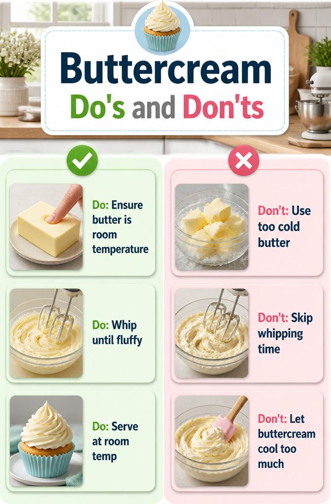 Buttercream Cake Decorating Recipe: Cover, Smooth and Finish a Cake 7 Do's and don'ts for making buttercream, focusing on temperature and mixing.