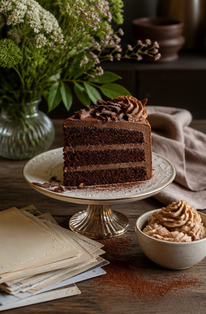 Buttercream Cake Decorating Recipe: Cover, Smooth and Finish a Cake 9 Slice of chocolate cake on a stand with chocolate and coffee buttercream.