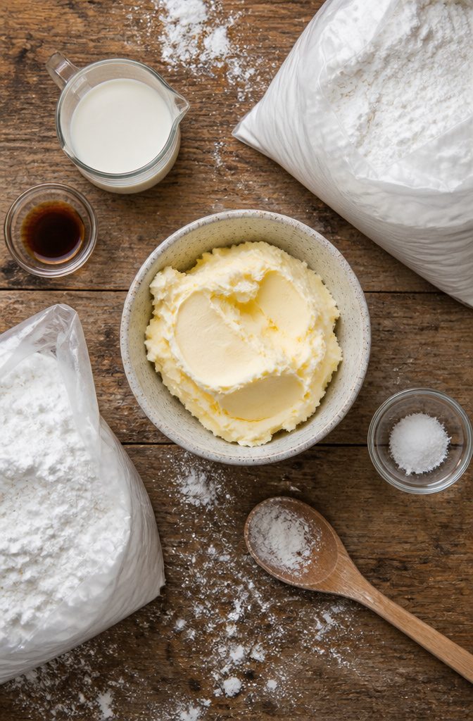 Buttercream Cake Decorating Recipe: Cover, Smooth and Finish a Cake 2 Ingredients for buttercream: butter, powdered sugar, cream, vanilla, and salt.