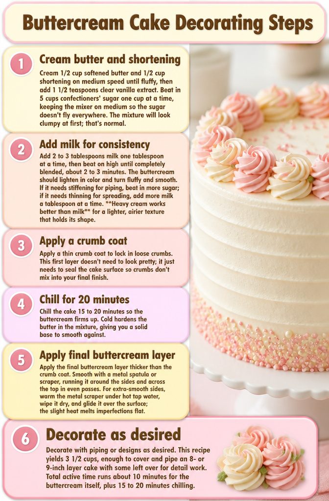 Buttercream Cake Decorating Recipe: Cover, Smooth and Finish a Cake 3 Steps for making buttercream, including mixing and adding milk.