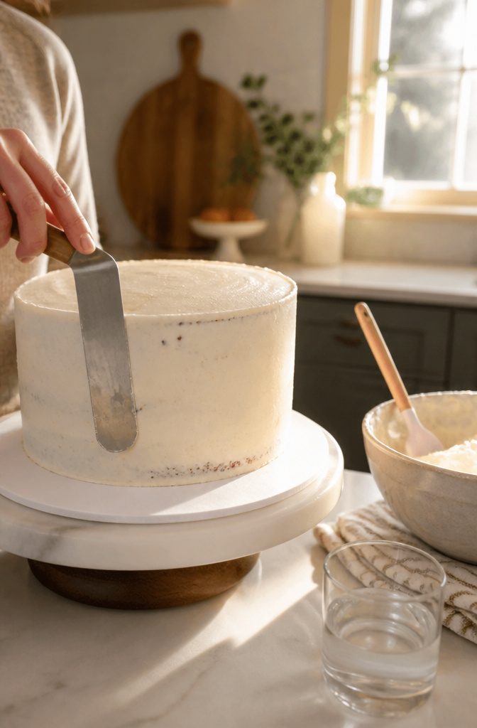Buttercream Cake Decorating Recipe: Cover, Smooth and Finish a Cake 5 Close-up of a cake being smoothed with a spatula after a crumb coat.