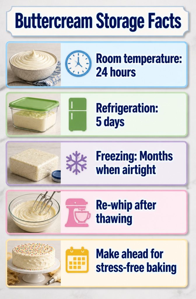 Buttercream Cake Decorating Recipe: Cover, Smooth and Finish a Cake 6 Storage information for buttercream at room temperature and in the fridge.