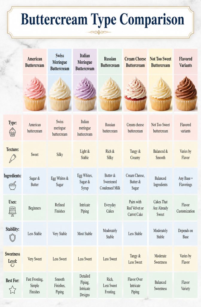 Buttercream Cake Decorating Recipe: Cover, Smooth and Finish a Cake 4 Types of buttercream: American, Swiss meringue, and Italian meringue.