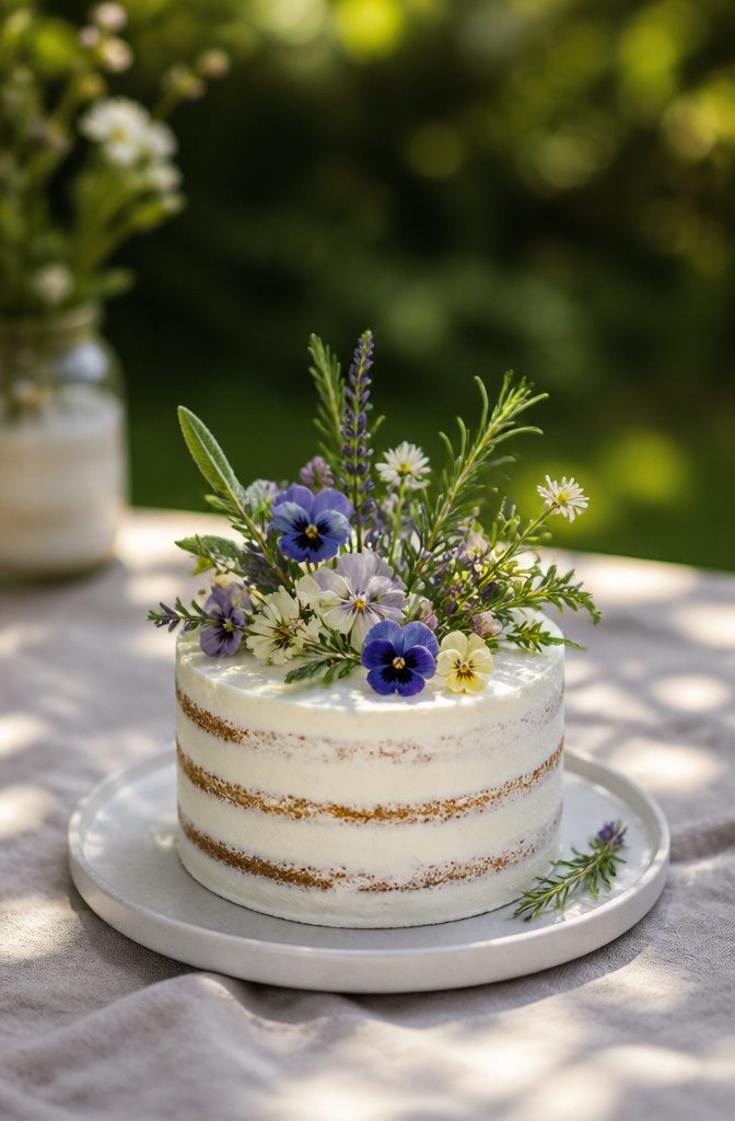 10 Cake Decorating Pictures and Ideas for Every Skill Level 8 A cake decorated with carefully placed edible flowers and herbs.