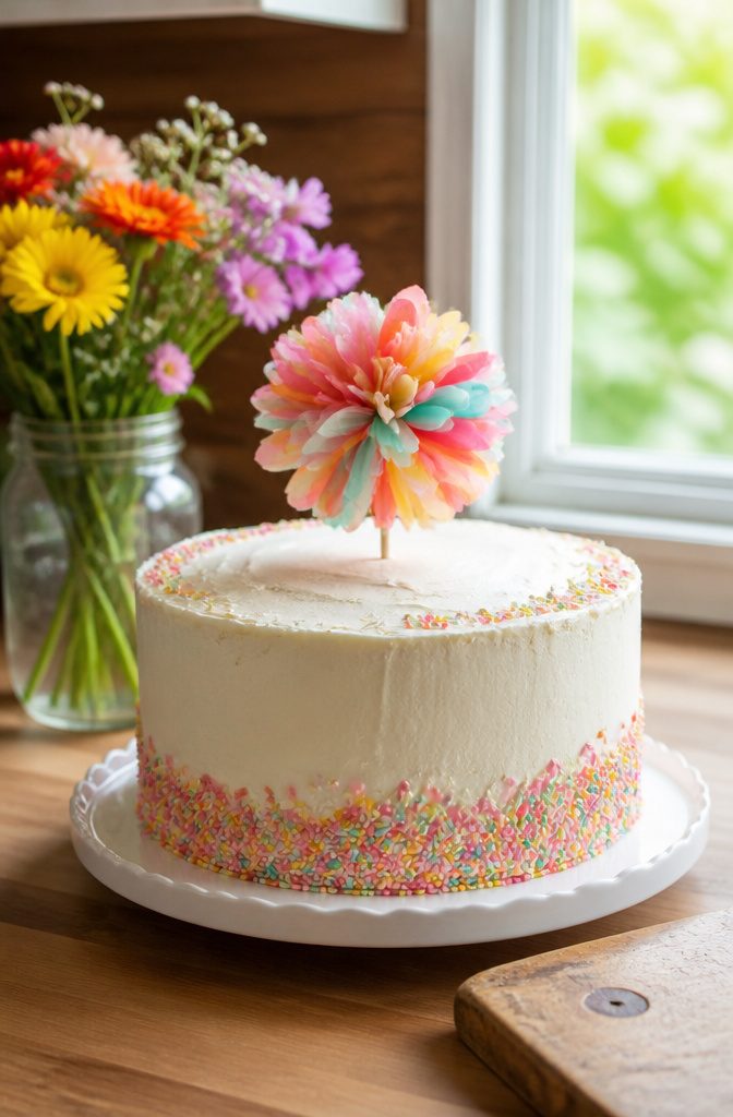 10 Cake Decorating Pictures and Ideas for Every Skill Level 4 A decorated cake topped with colorful sprinkles and fresh flowers.