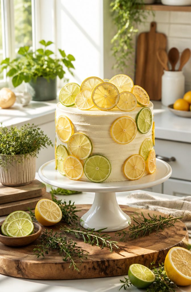 10 Cake Decorating Pictures and Ideas for Every Skill Level 7 A cake topped with thin lemon and lime wheels and fresh herbs.
