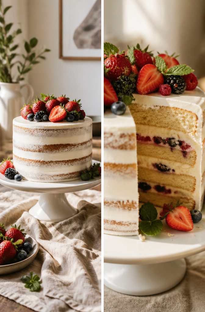 10 Cake Decorating Pictures and Ideas for Every Skill Level 6 A naked cake with exposed layers and a thin layer of buttercream.