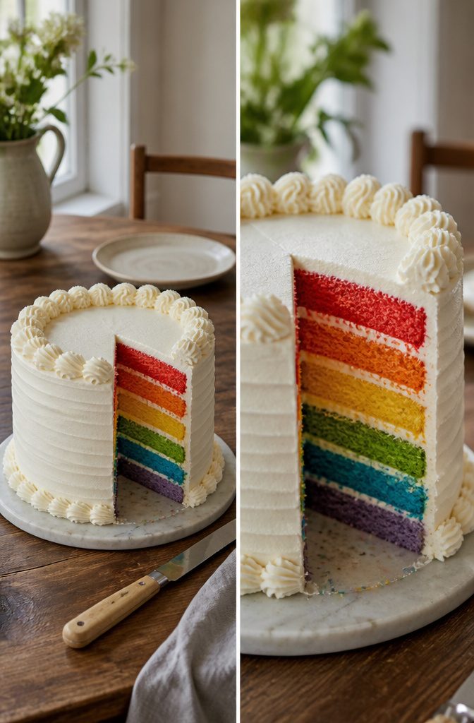 10 Cake Decorating Pictures and Ideas for Every Skill Level 2 A multi-layered rainbow cake with vibrant colors visible inside.