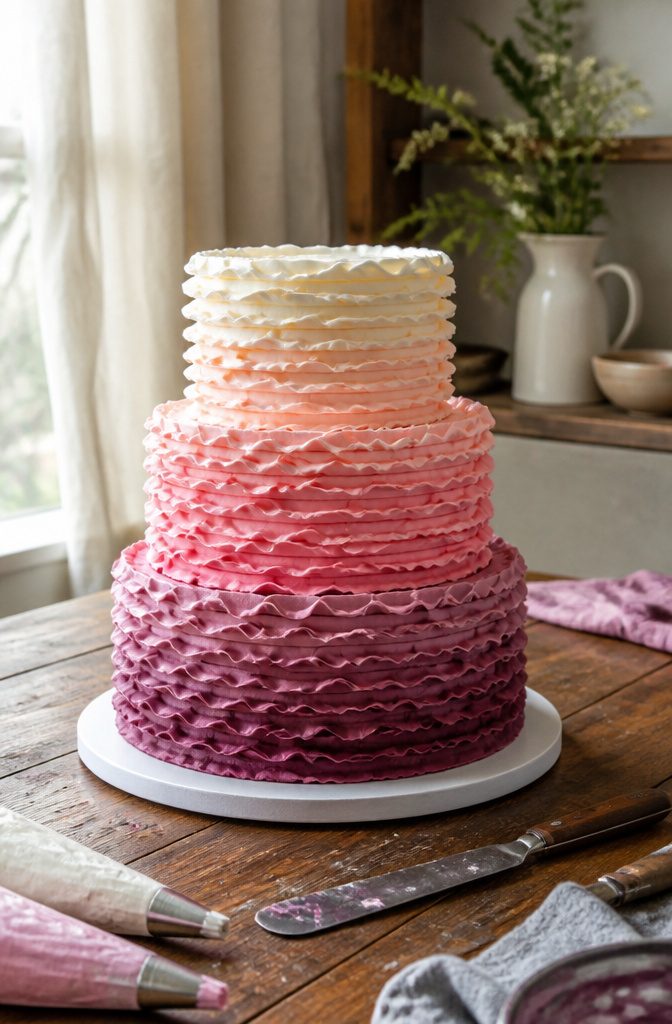 10 Cake Decorating Pictures and Ideas for Every Skill Level 3 A tiered cake decorated with soft, overlapping ruffle layers.