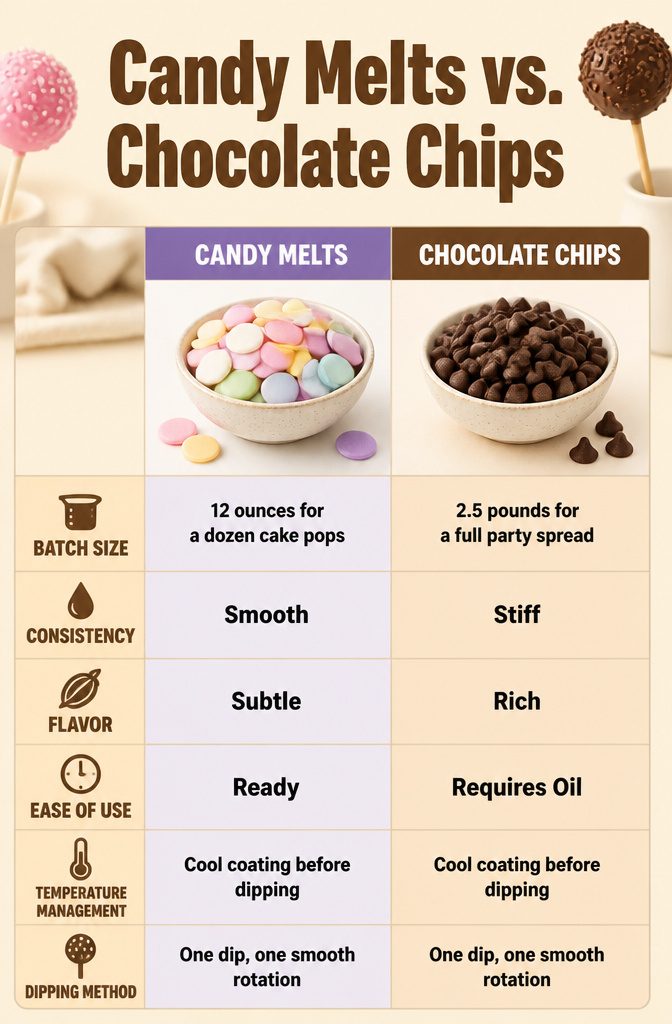 Cake Pop Flavors Recipe: Vanilla Base With 2 Easy Variations 7 Candy melts and chocolate chips displayed for coating cake pops.