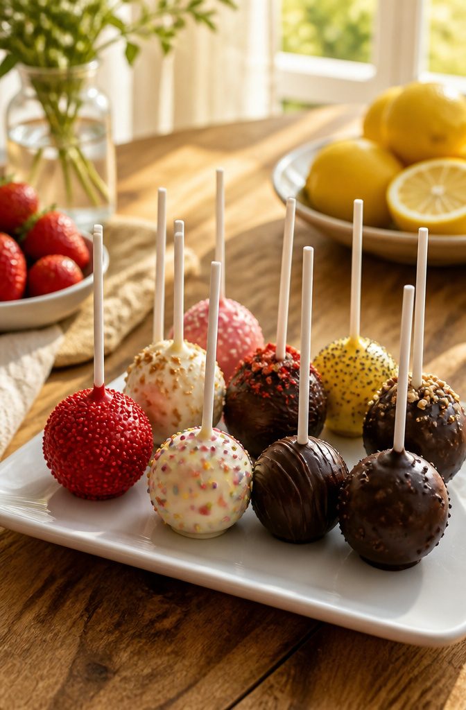 Cake Pop Flavors Recipe: Vanilla Base With 2 Easy Variations 4 Colorful cake pops on a white platter with distinct decorations.
