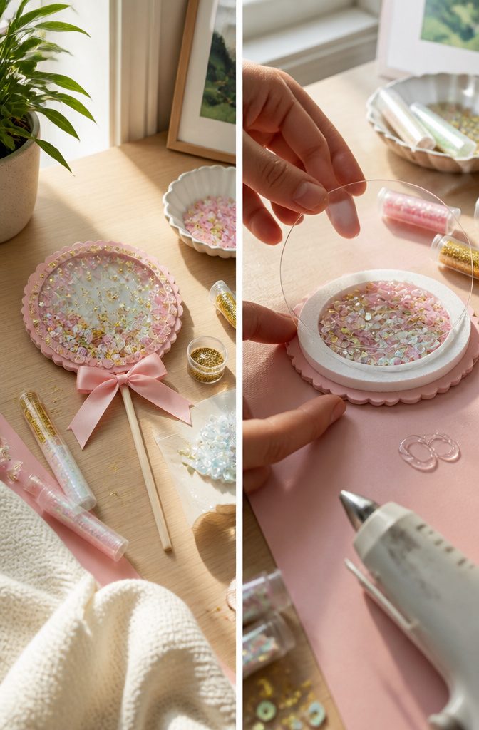 How to Make a Cake Topper Shaker: 3 Item Sections for Fillers 6 A close-up of a shaker being assembled with clear plastic and foam.