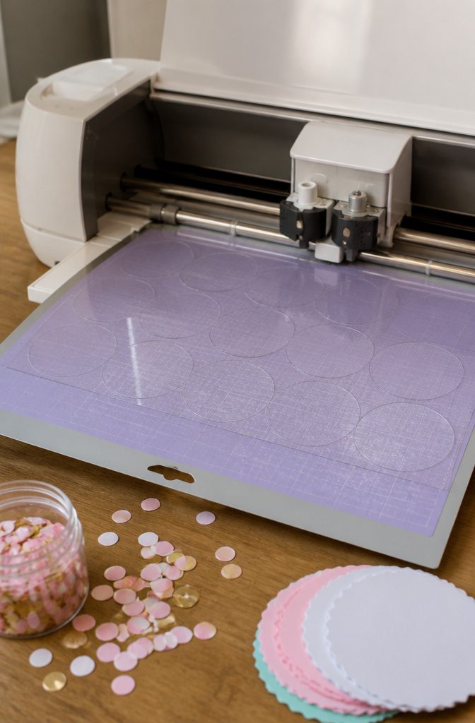 How to Make a Cake Topper Shaker: 3 Item Sections for Fillers 4 A Cricut machine cutting clear craft plastic into round shapes.