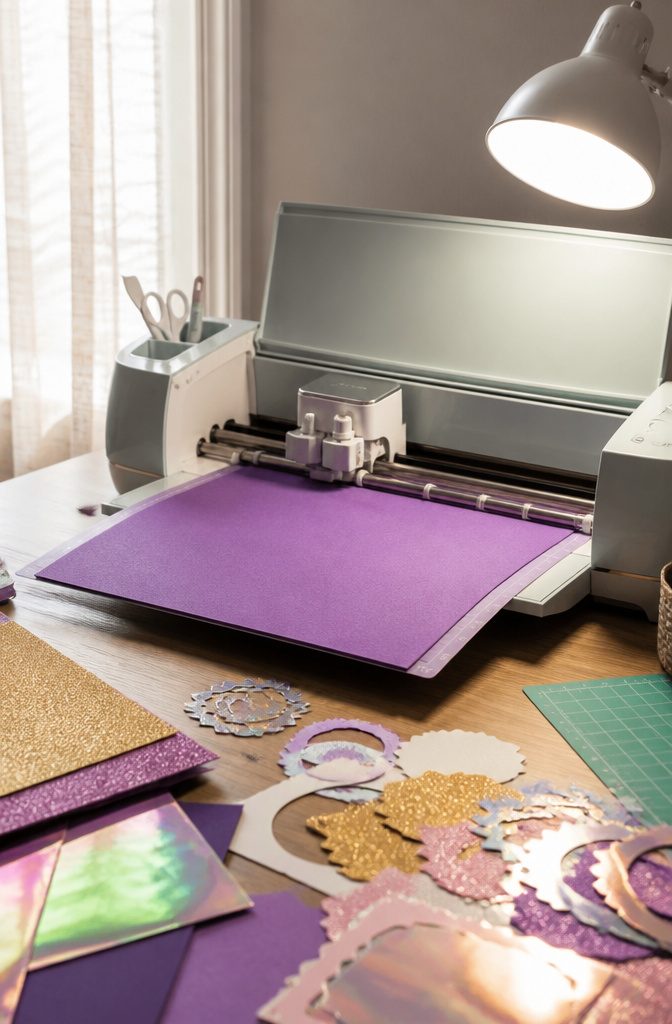 How to Make a Cake Topper Shaker: 3 Item Sections for Fillers 5 A Cricut machine cutting through a vibrant sheet of craft foam.