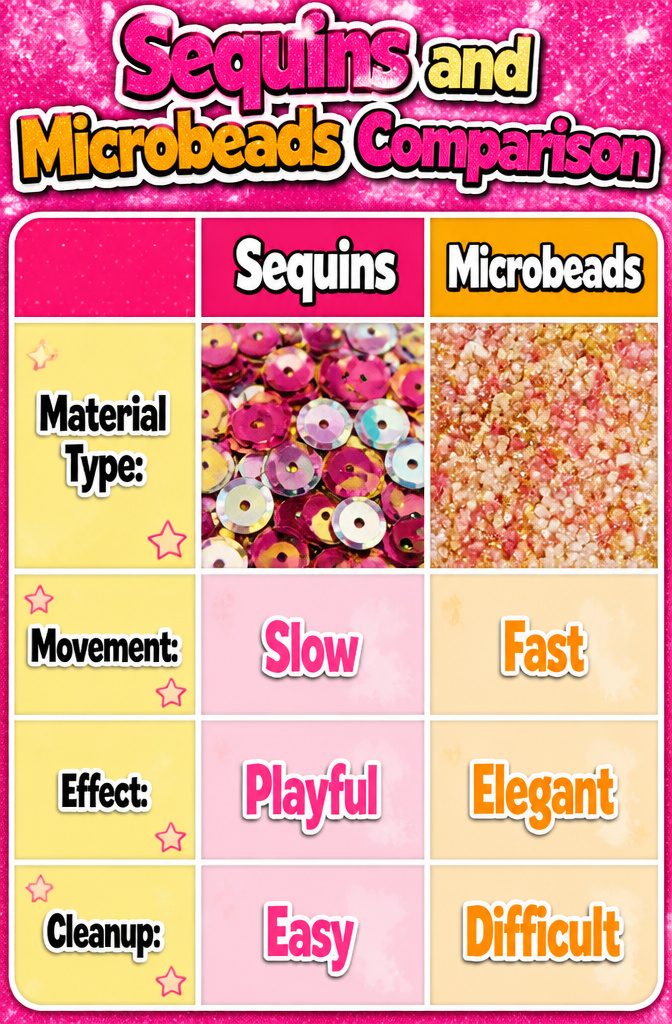 How to Make a Cake Topper Shaker: 3 Item Sections for Fillers 12 A side-by-side comparison of sequins and microbeads in a shaker.